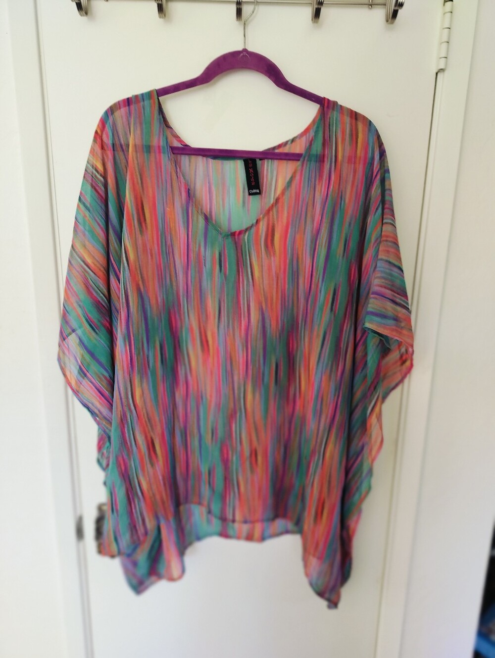 La Moda Abstract Watercolor Kaftan Top O/S Semi-Sheer Colorful Kimono Poncho